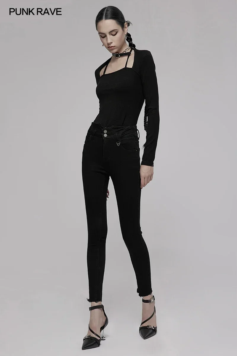 PUNK RAVE Women's Punk Daily High Waist Slim Tight Fit Denim Pants with Back Crossed Straps Black Trousers Spring/Autumn