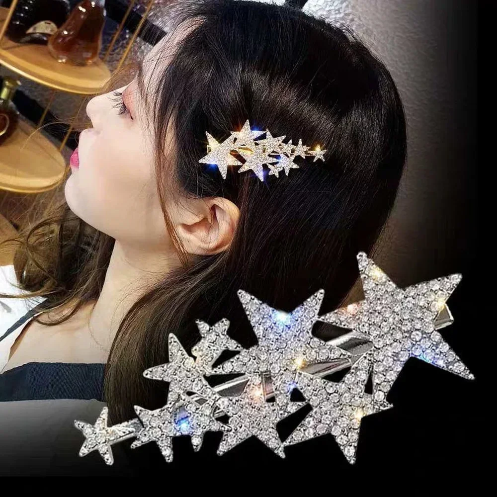 Heallor Rhinestone Pentagram Hair Clips for Women Styling Hair Clips Glitter Shiny Hairpins Headdress Girls Fashion Duckbill Hai