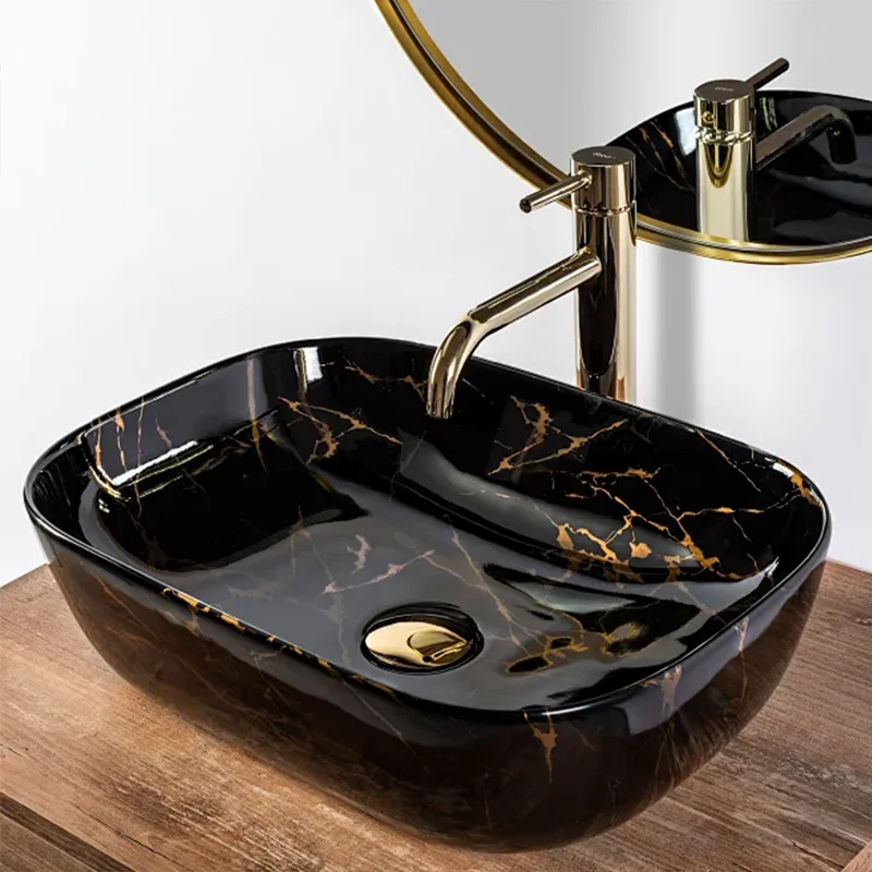 Elegant Stone-Patterned Ceramic Vessel Sink, Rectangular Design Ceramic Washbasin - Ideal for Modern Bathroom Fixtures, Suitable for Dressing Rooms, Vanity Tables, and Bathrooms