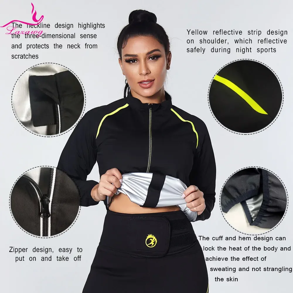 LAZAWG Women Sauna Jacket for Weight Loss Sweat Jacket Long Sleeve Slimming Top Fat Burner Body Shaper Workout Sportwear Gym