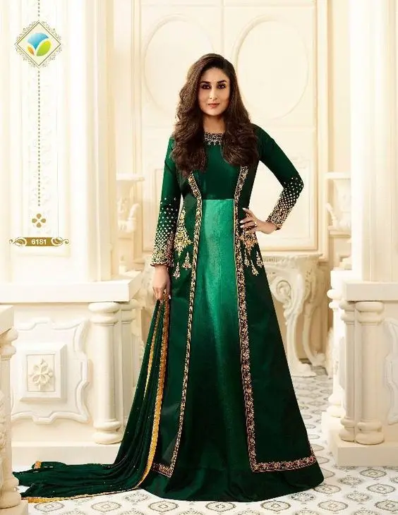 Hunter Green Anarkali Caftan Prom Dresses with Long Sleeve Beaded Embroidery Evening Gown Traditional South Central Asian