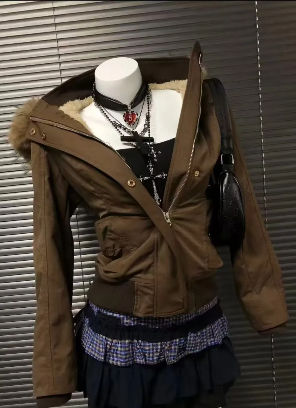 Winter American Vintage Fashion Cotton Padded Coat Harajuku Hooded  Warm Outwear Women Slim Brown Fur Collar Short Quilted Coat