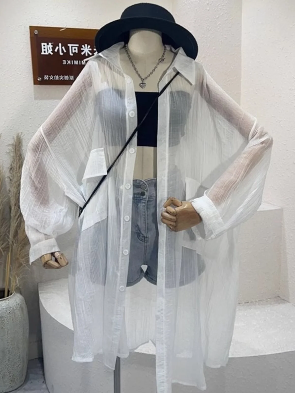 

Summer plus Size Women's Pure Color Thin Long Sve Cardigan Retro Hong Sle Loose Fit Button Detail Office Commute irt
