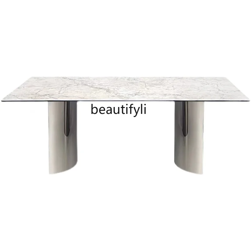 

Italian light luxury rock slab dining table rectangular creative designer stainless steel dining table household