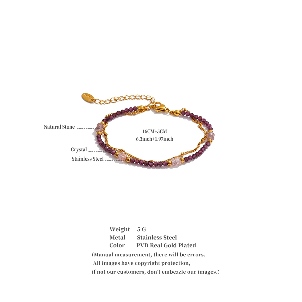 Yhpup Neuheiten Handgefertigter Schmuck Erdbeerquarz Beryll ‌ Kristallperlen-Ketten Stapelarmband Armreif PVD-Beschichtet – Detail 1