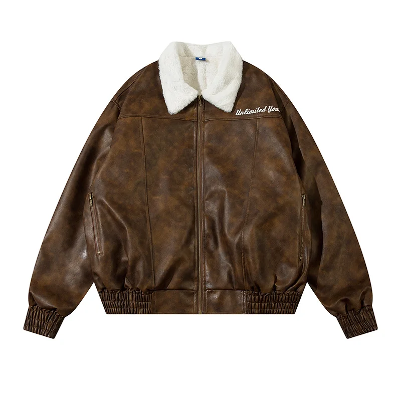 

Women PU Leather Jacket Men American High Street Retro Distressed Tide Brand Loose Lapel Plus Velvet Thick Cotton Coats Clothing
