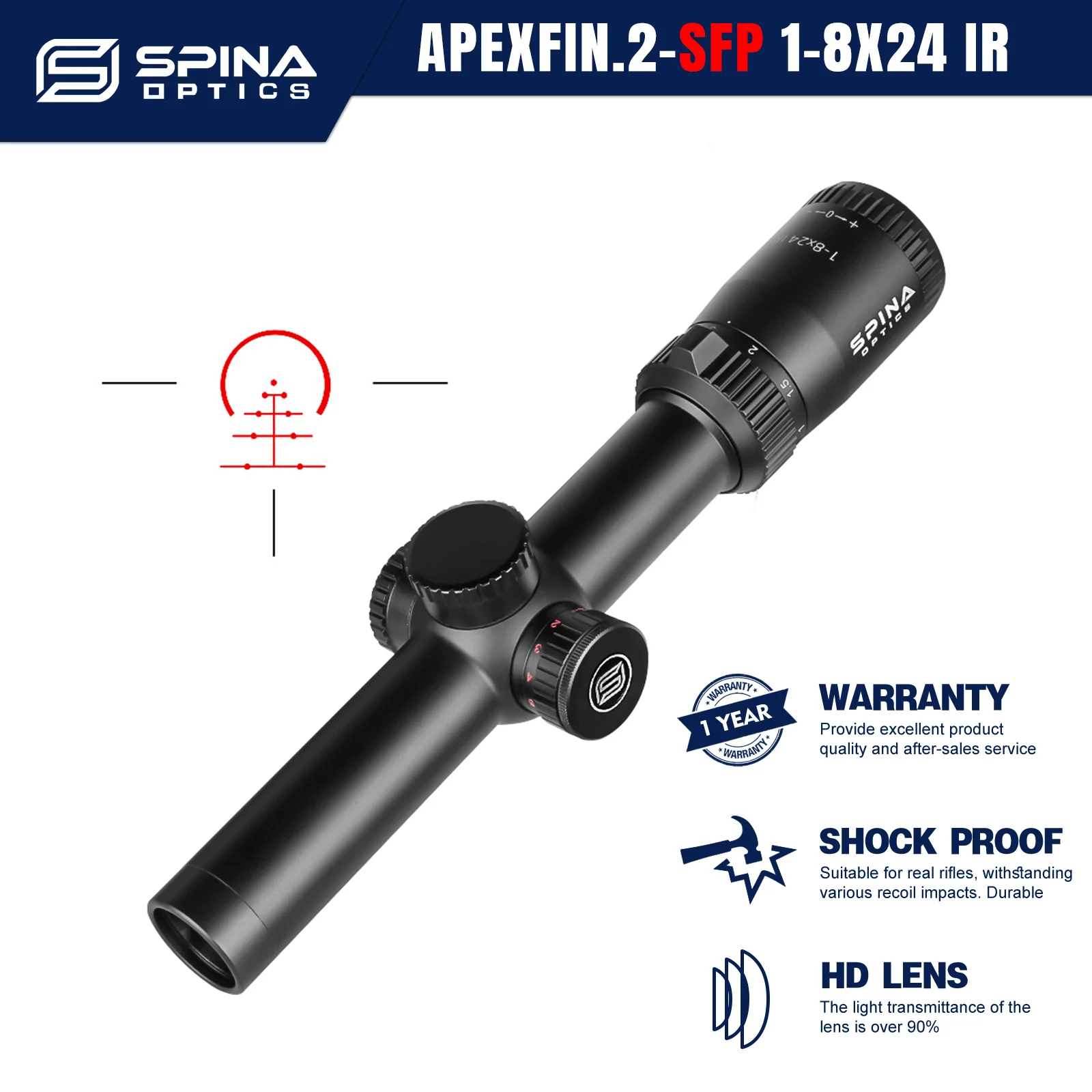 

SPINA OPTICS ApexFin LPVO 1-8x24 Riflescope With Red&Green Illumination Red Dot Sight PCP Carbine M4 AR15 .223 5.56 22LR etc