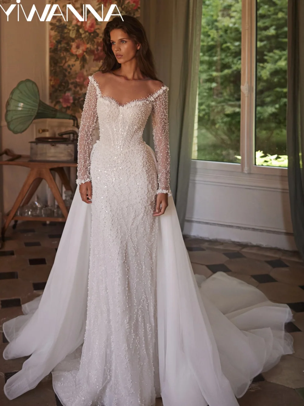 

Opulent Pearls 3D Flower Wedding Dress With Overskirt Oneck Floor-length Bridal Gown New Customized Charming Dresses For Bride