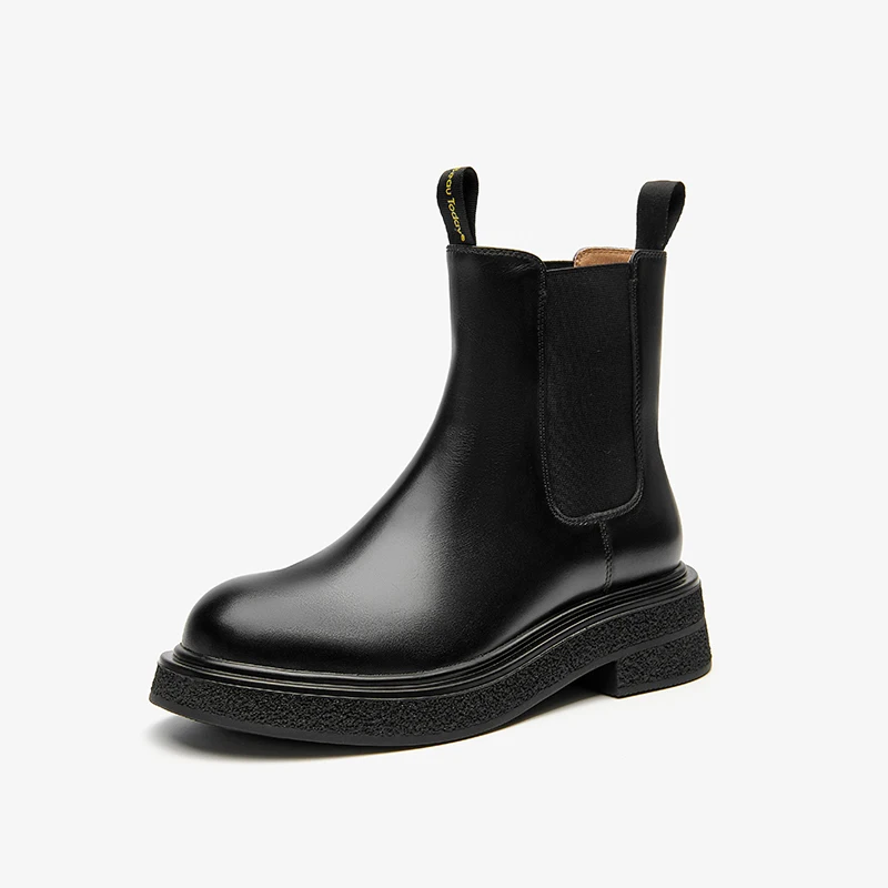 BEAUTODAY Chelsea Boots Women Calfskin Leather Solid Color Round Toe Slip-on Elastic Band Ladies Ankle Shoes Handmade 03A46 — zdjęcie 2