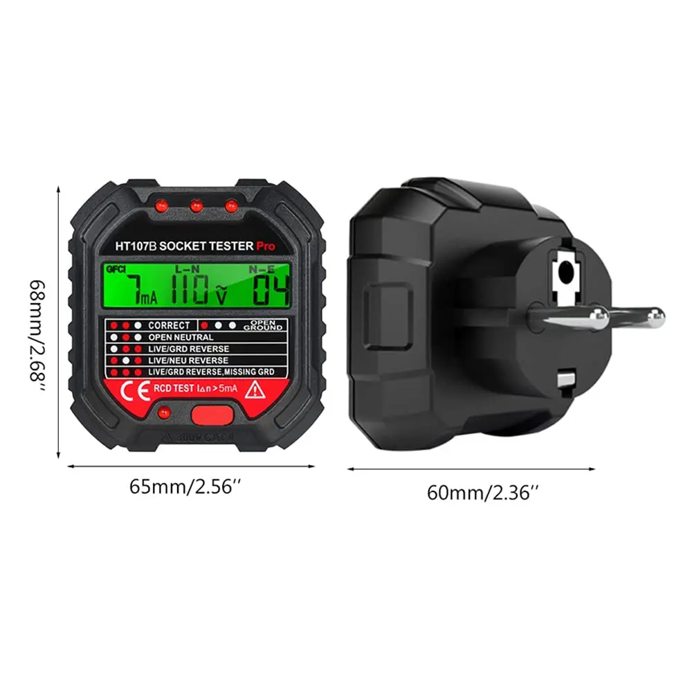 HT107 Pro Socket Tester Voltage Detector EU Plug Earth Plug Zero Line Plug Phase Polarity Test