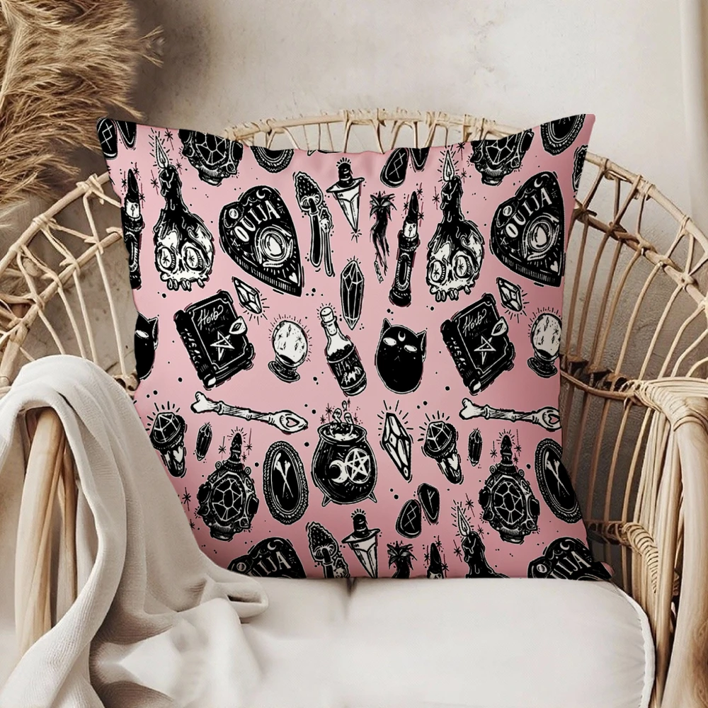 Square Throw Pillow Case Pink Gothic Witchcraft Skull Ouija Board Crystal Ball Magic Book Print For Living Room Bedroom Sofa Cha