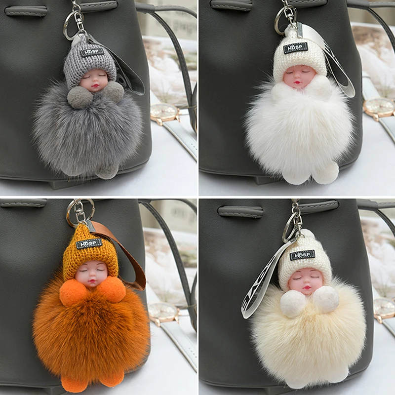 Pompom Sleeping Baby Keychain Cute Fluffy Plush Doll Keychains