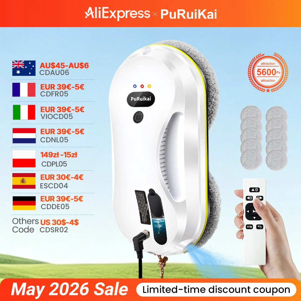 Robot de nettoyage automatique des fenêtres PuRuiKai, avec système intelligent de détection des bords, robot nettoyeur de vitres