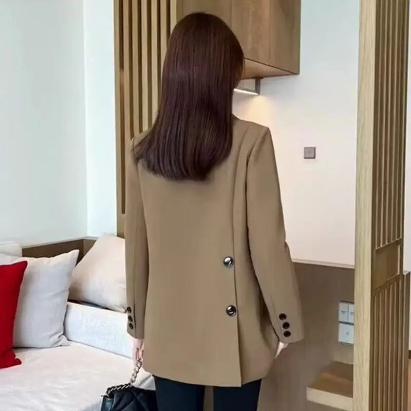 الملابس الكورية الشعبية نمط المال القديم امرأة السترة السوداء معطف سيدة نسخة أعلى العمل الخريف مخطط جيب الديكور مزدوج