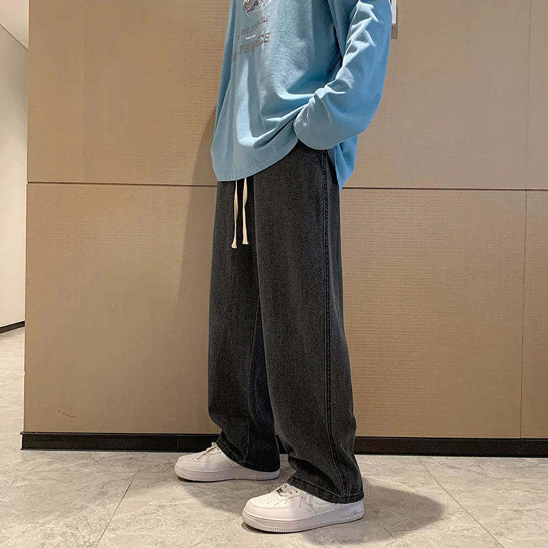 

Trendy High Street Loose Straight Leg Men's Jeans Hong Kong Sle Casual Long Pants Wear Resistant Dstring Waist