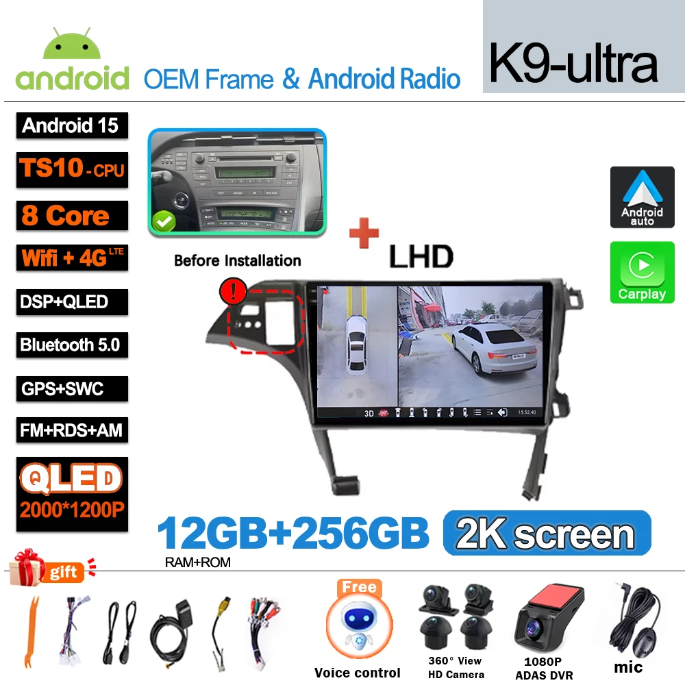 Android 16 autoradio, videomedia-speler, Carplay, GPS-navigatie voor Toyota Prius XW30 2009-2015