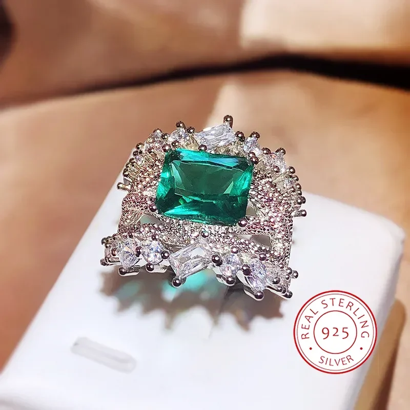 

Hot Selling New Product Simulation Emerald Tourmaline Opening Ring Female Luxury Princess Square Full Diamond Ring Party Gift