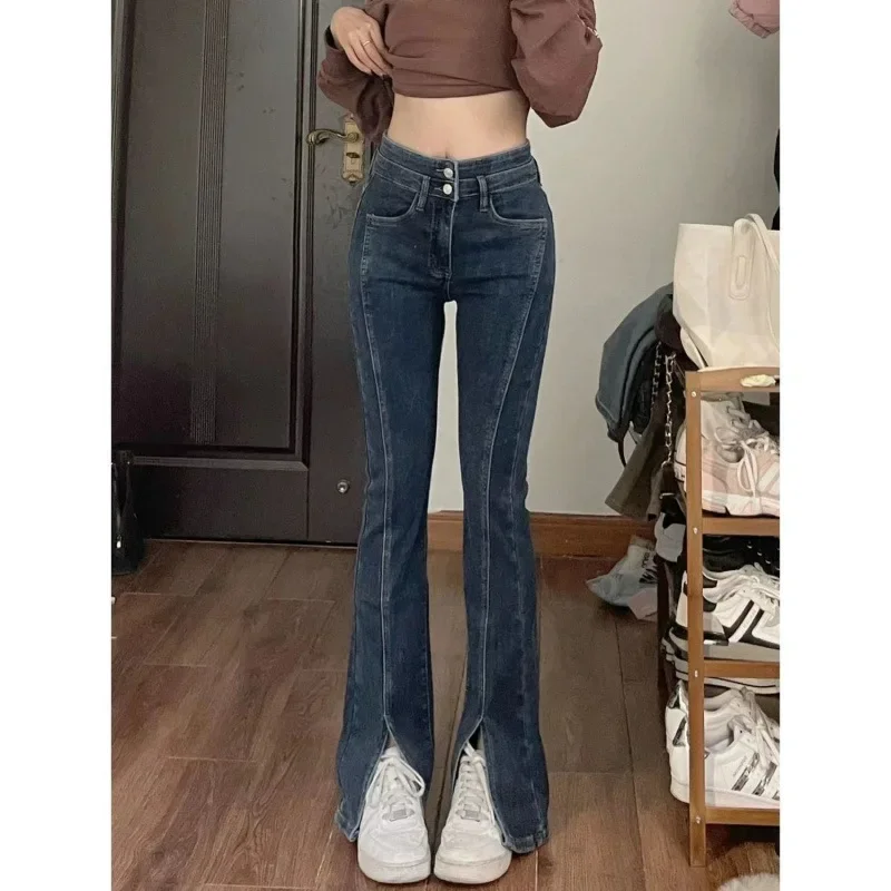 High-Waisted Elastic Side Slit Jeans For Women Spring Autumn New Style Slimming Bootcut Pants Bell-Bottom Trousers