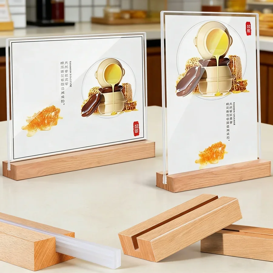 Acryl-Schildhalter mit Holzsockel Tisch-Menü-Displayständer Werbe-Poster-Fotorahmen Preiskartenhalter Werbeaufsteller