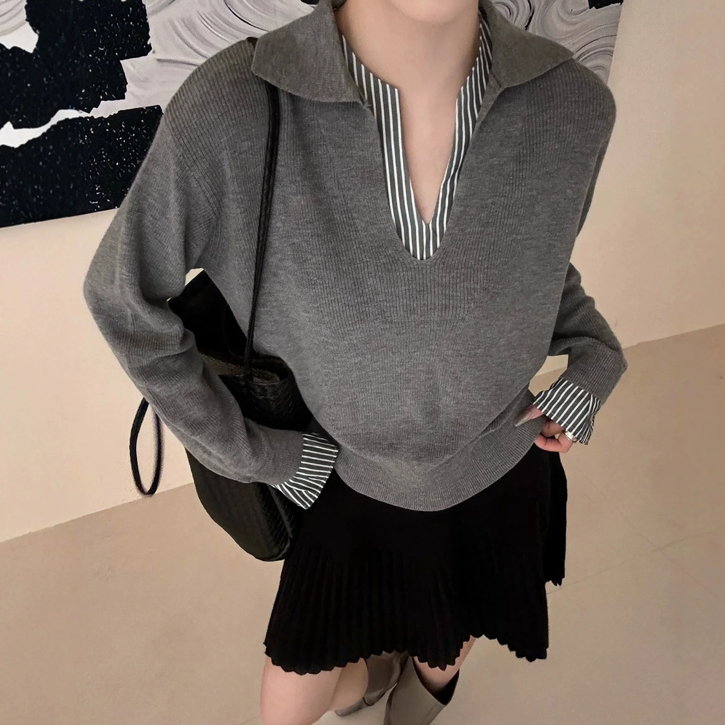 

Color Block Striped Knitwear Women's Loose Top Casual Long Sleeve Autumn New Arrival Patchwork Wool Blend Sweater F251