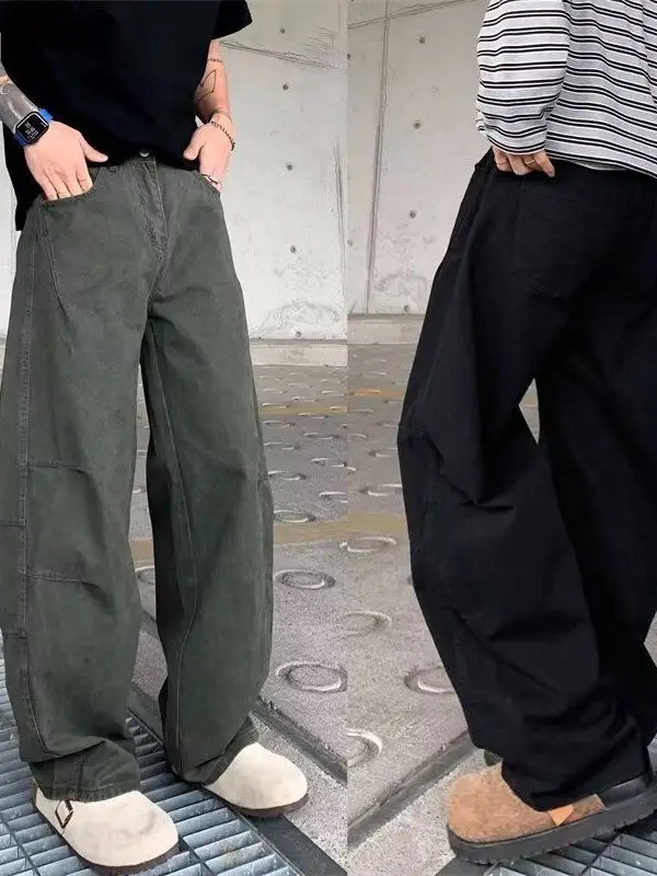 

Retro American Wide Leg Pants Men Loose Straight Casual Military een Versatile Workwear Long Trousers Spring New Sle