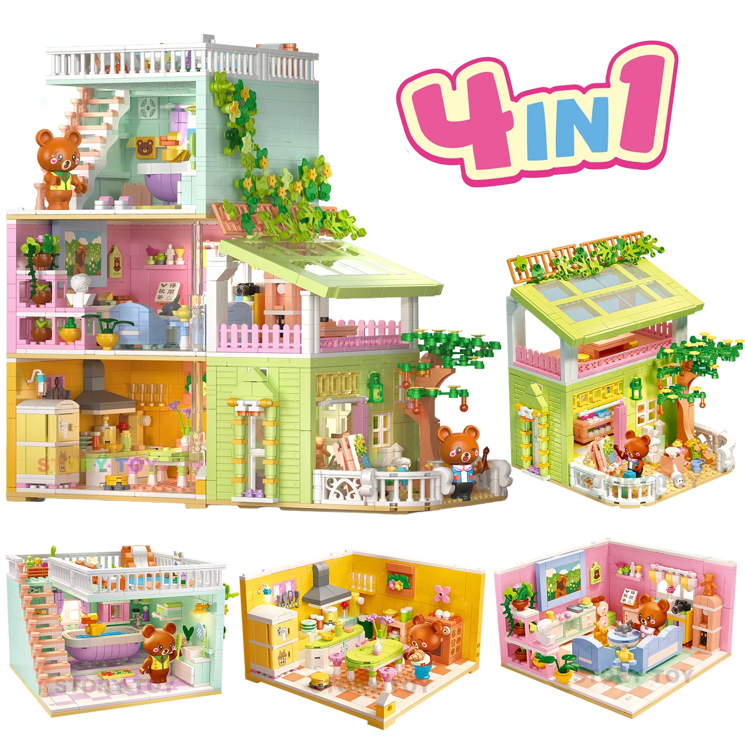 Creative City Street View 4in1 Villa Building Block Cute Bear Play House Bedroom Architecture Mini Bricks Toys Gift For kid Girl