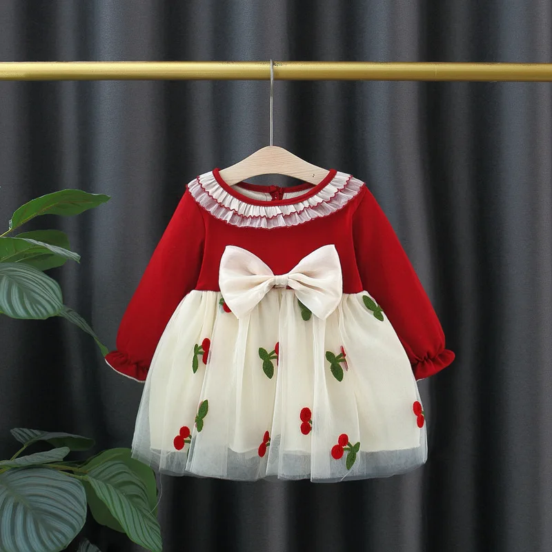 (9 Months - 3 Years Old) Spring And Autumn New Wedding Party Baby Girl Princess Dress, Red Cherry Children\'S Long Sleeve Clothes