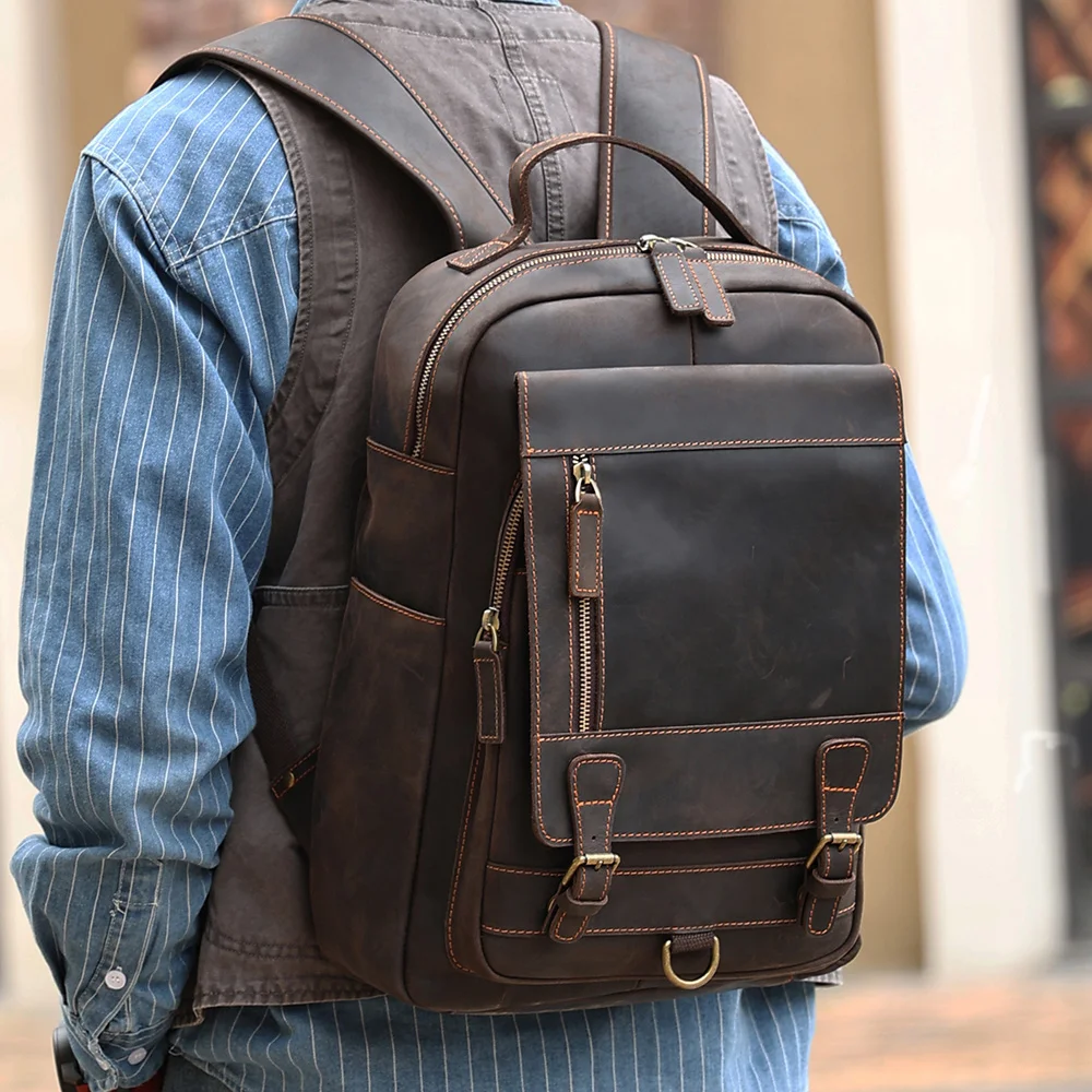 Vintage Crazy Horse Leather Men's Backpack Large Capacity Travel Bags 15.6inch Laptop Computer Bag Schoolbag New