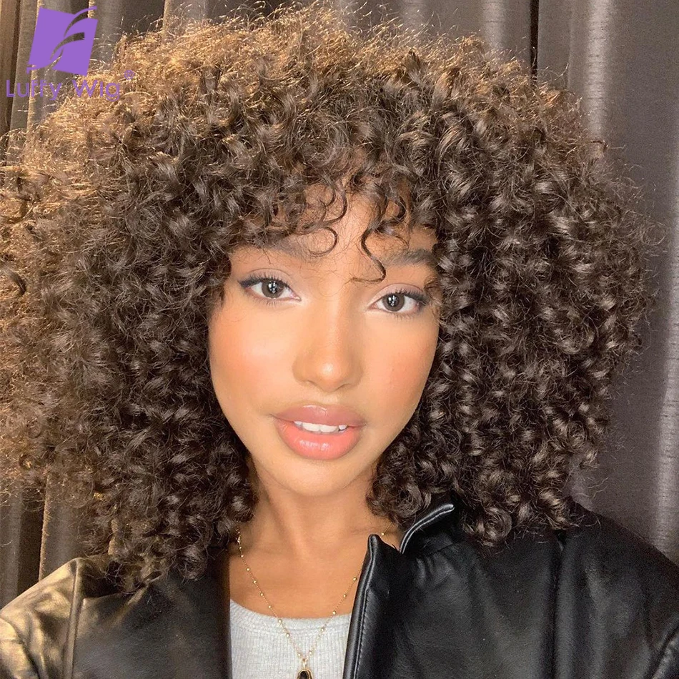 

Short Curly Wigs With Bangs Human Hair Scalp Top Wig Loose Curly Bang Wig #2 Dark Brown Glueless Full Machine Made Wig Luffywig