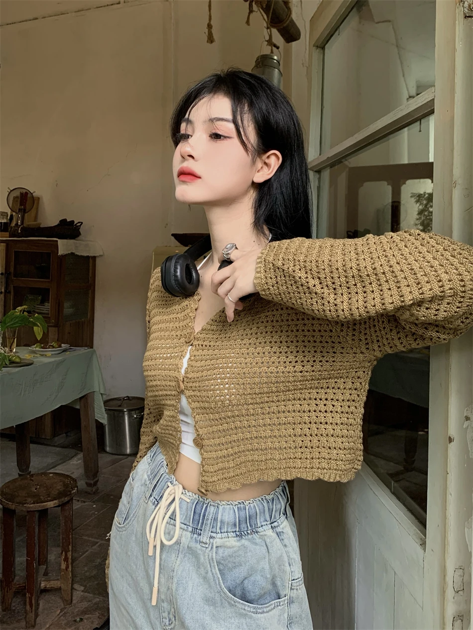 Cardigan Pointelle para mulheres manga comprida botão para baixo suéter de malha jaqueta primavera verão adolescente roupa casual