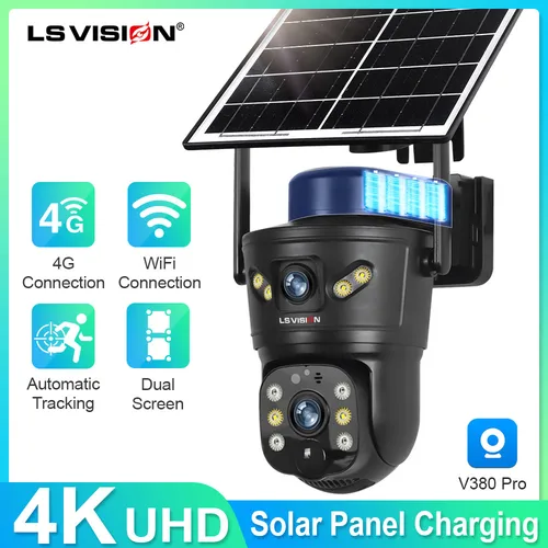 LS VISION 4G /WIFI cámara Solar para exteriores 8MP lente Dual PIR tarjeta Sim incorporada visión nocturna cámara de seguridad impermeable batería CCTV