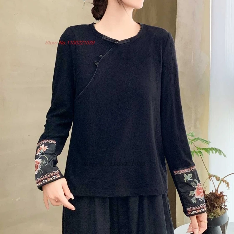 

2025 national flower embroidery ethnic o-neck shirt traditional jacquard base shirt vintage shirt hanfu top chinese folk t-shirt