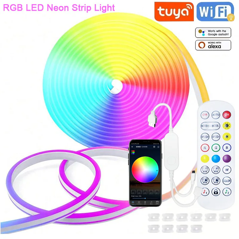 

RGB Neon LED Strip 1/2/3/5M IP65 Waterproof DIY USB Neon Strip Tuya App Remote Control Flexible Ribbon for Home Decor Lighting