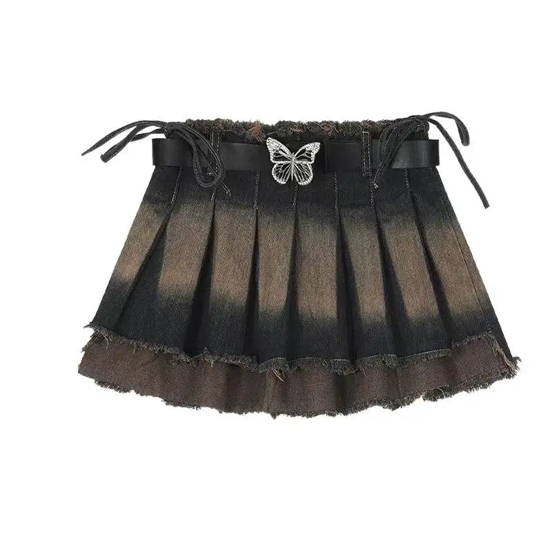 

Special Large Size Denim Skirt with Asymmetrical Pleats And Street Sle for Young Women High Waist A-Line Silhouette