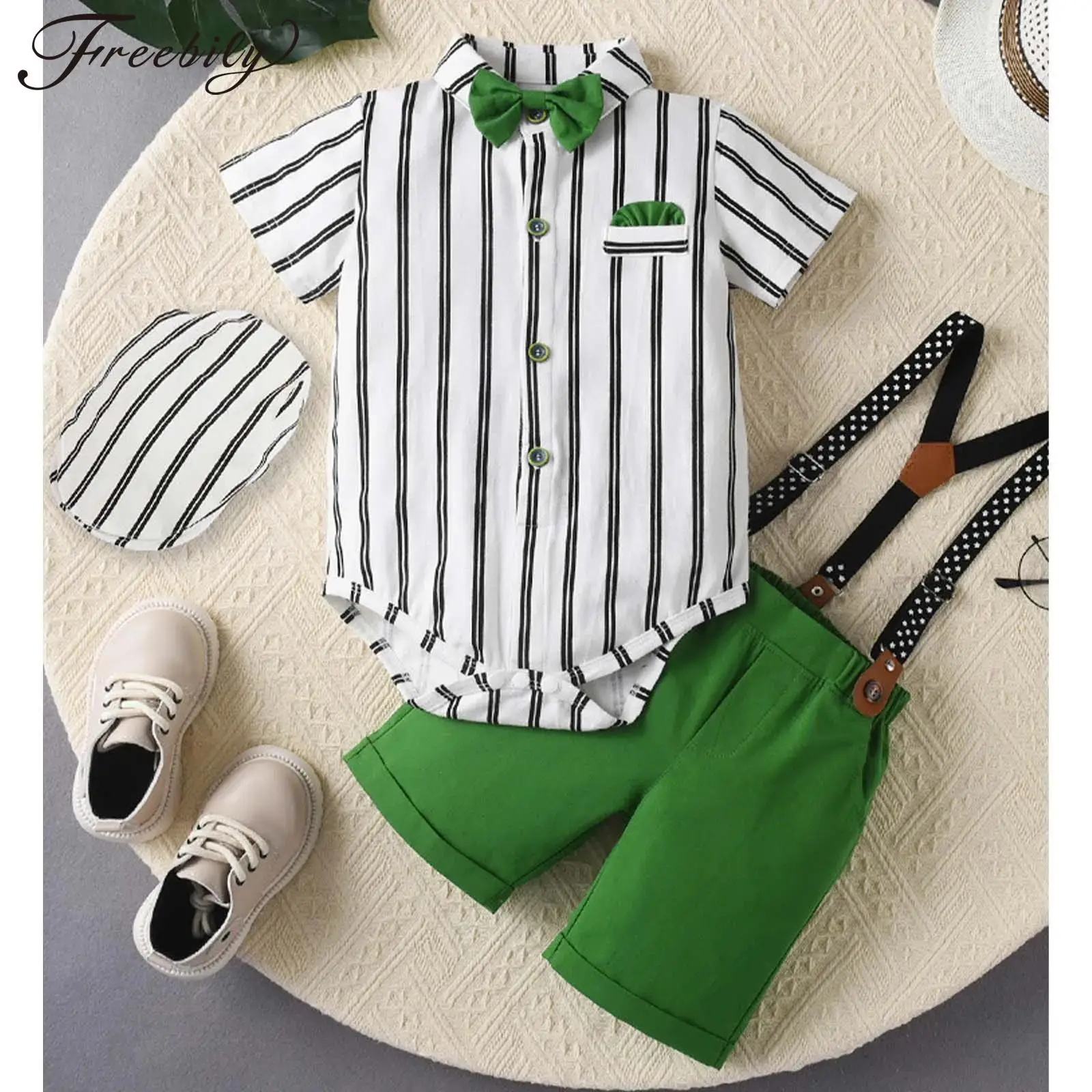 

Baby Boys Suit Short Sleeve Lapel Striped Shirt Romper with Bowtie Suspender Shorts Hat Wedding Party Photography Kids Clothing