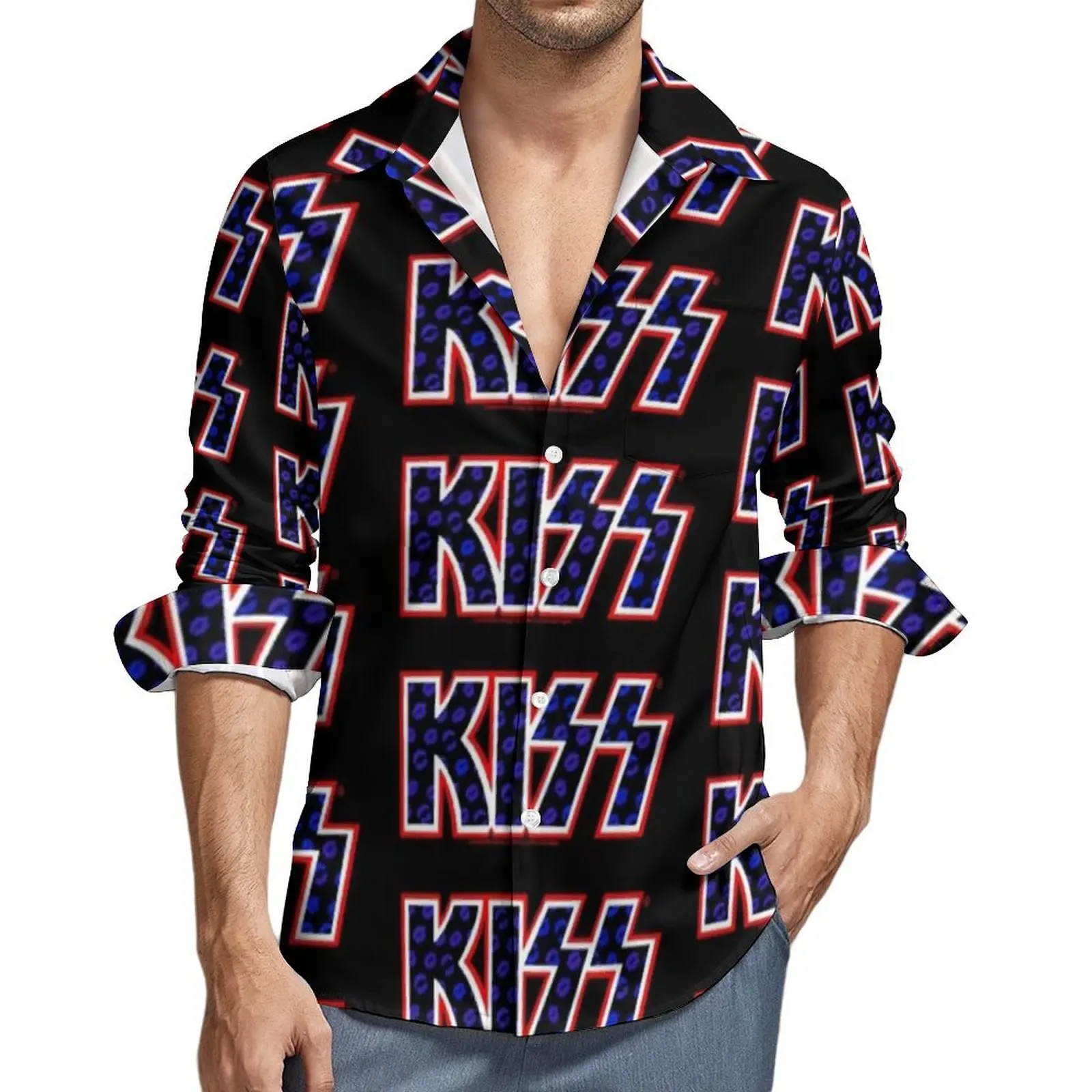 Kiss Band Blouses Men Blue Lips Logo Shirt Long Sleeve Classic Stylish Casual Shirts Autumn Design Top Plus Size