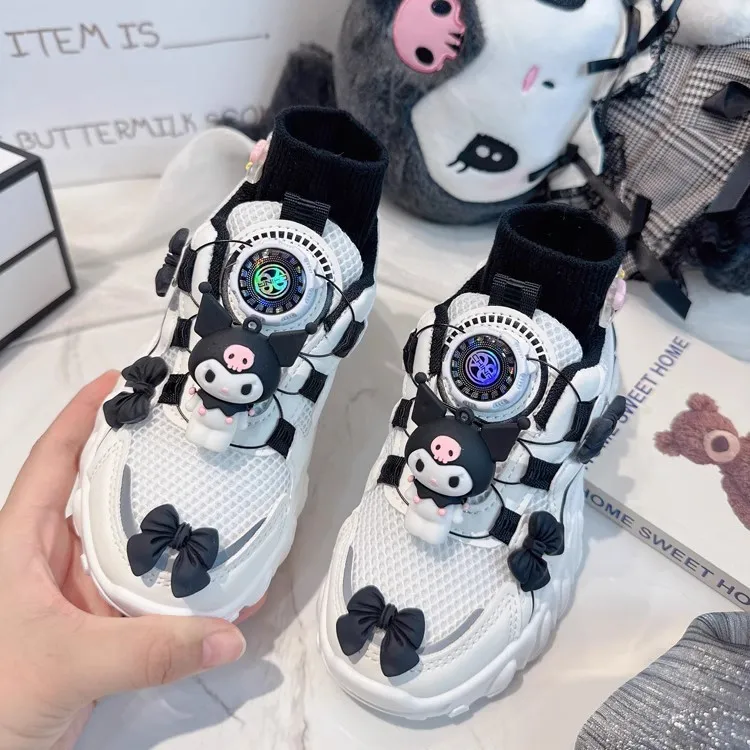 Kids Sanrio Kuromi Sport Shoes Student Cute Rotating Button Tennis Shoes Girls Casual Sneakers Children Basket Shoes Size 26-37