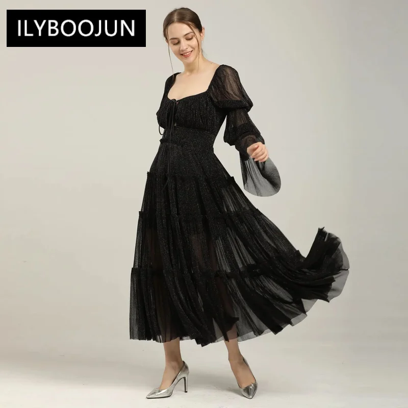 Dresses For Women Retro Court Style Temperament Square Collar Dress Female Tie High Waist Puff Sleeves Vintage Long Party Dress