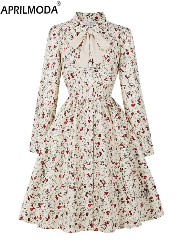 2025 Abito casual da donna vintage in stile francese con stampa a fiori piccoli con fiocco a maniche lunghe autunno una linea svasata abito da festa da tè