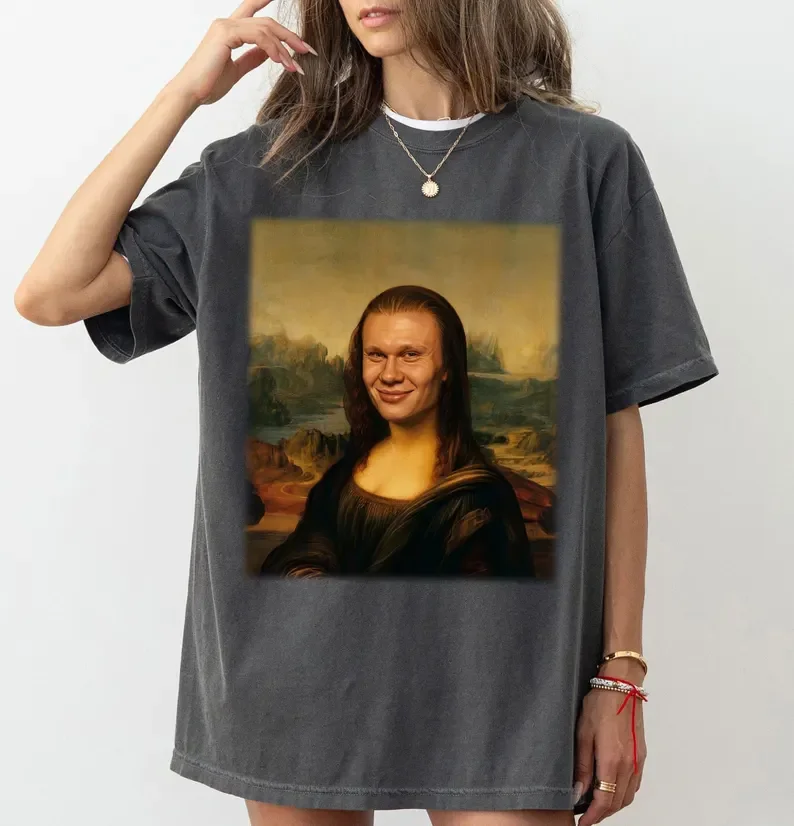 2026 Sommer Lustiges Erling Haaland Mona Lisa Meme T-Shirt 100% Baumwolle Herren Damen Y2K Kurzarm Rundhals Lockeres Shirt – Detail 5