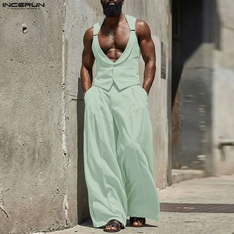 

INCERUN Men's Sets Solid Elegant Sleeveless Vests Wide Leg Pants 2 Piece Sets Streetwear Stylish Men Matching Sets Tracksuits