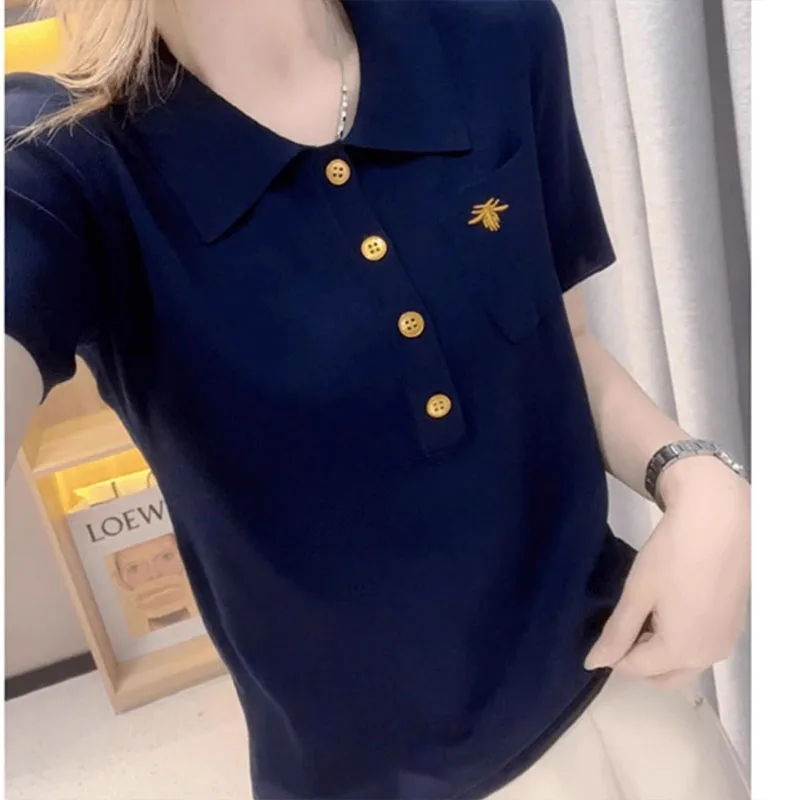 Women's Clothing Young Style T-shirt Summer Embroidery Knit Short Sleeve Button Tee Lady Basic Versatile Turn-down Collar Top