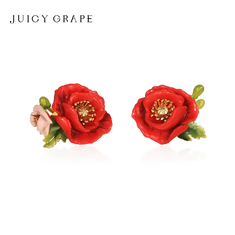 

Juicy Grape Original Design Poppies Earrings for Women French Asymmetric Enamel Flower Studs Wedding Party Jewelry Gift
