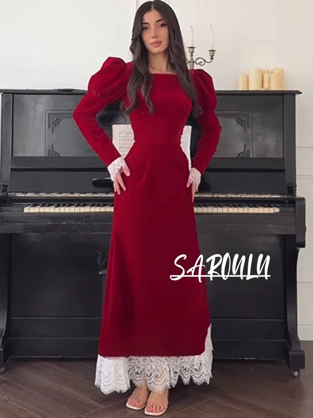 

Бордовое вечернее платье с пышными длинными рукавами, приталенное, элегантное, кружевное, А-силуэт, для выпускного вечера, очаровательное, для дня рождения, банкета, вечеринки