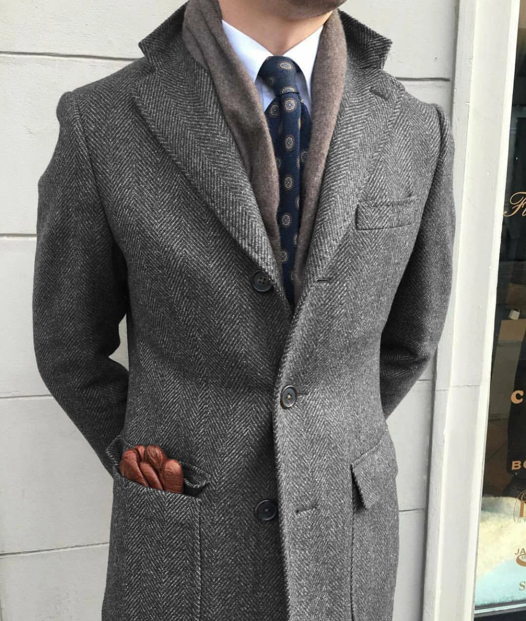 Herren Wind jacke klassische Fischgräten muster Tweed Wolle Mischung Anzug Jacke Winter warm langen Mantel Outdoor Sport mantel Erkek Mont