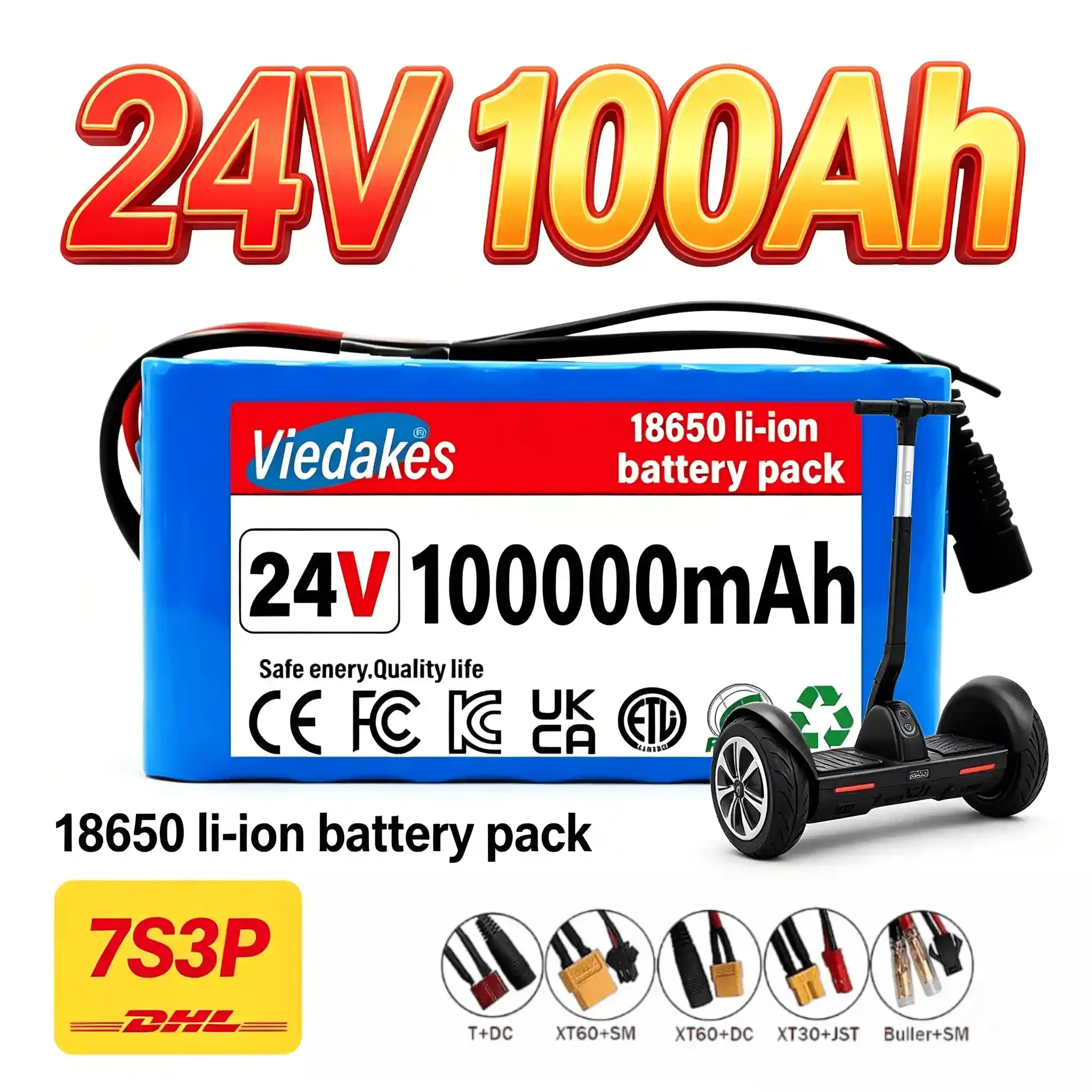 

Viedakes 24V 100Ah 7S3P Rechargeable Battery Kit With 29.4V 2A Charger, Multi Connectors For Scooter Power Supply Use