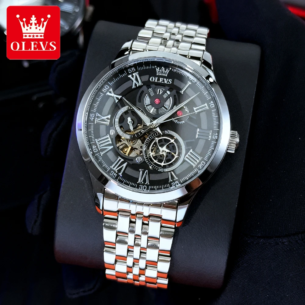 OLEVS Trend Fashion Men Watches Fine Steel Hollow Out Self-winding Flywheel Automatic Mechanical Wristwatch Waterproof Luminous