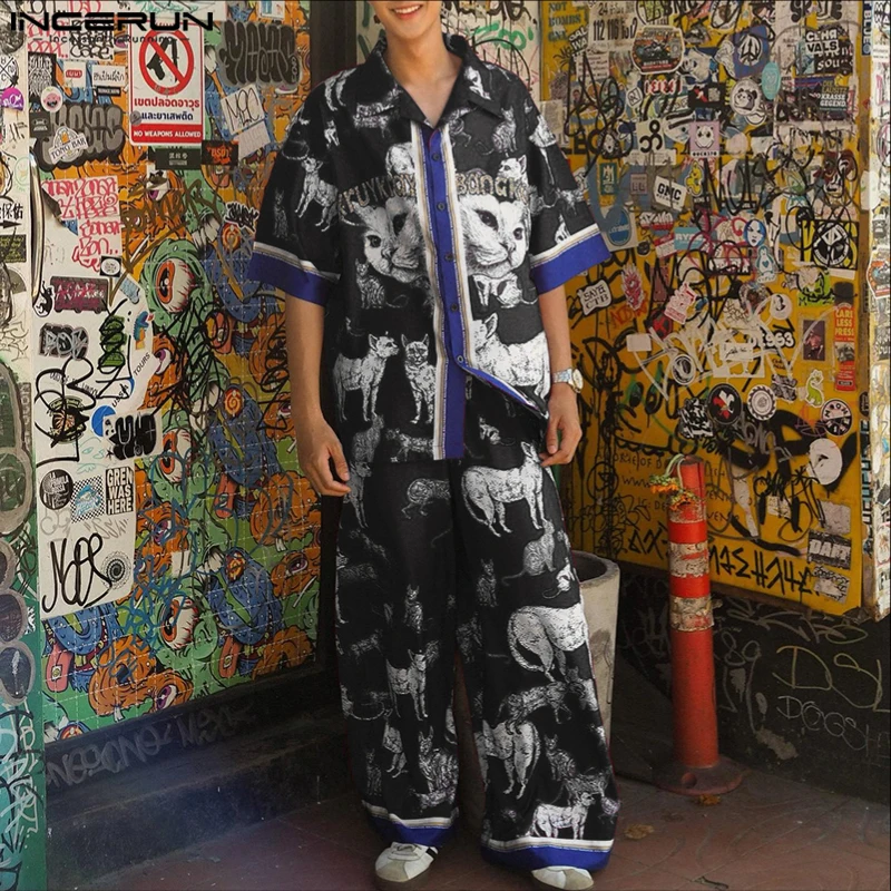 

INCERUN Мужские комплекты с принтом в стиле пэчворк, рубашка с короткими рукавами и брюки, комплекты из двух предметов, летние свободные повседневные мужские костюмы для отдыха