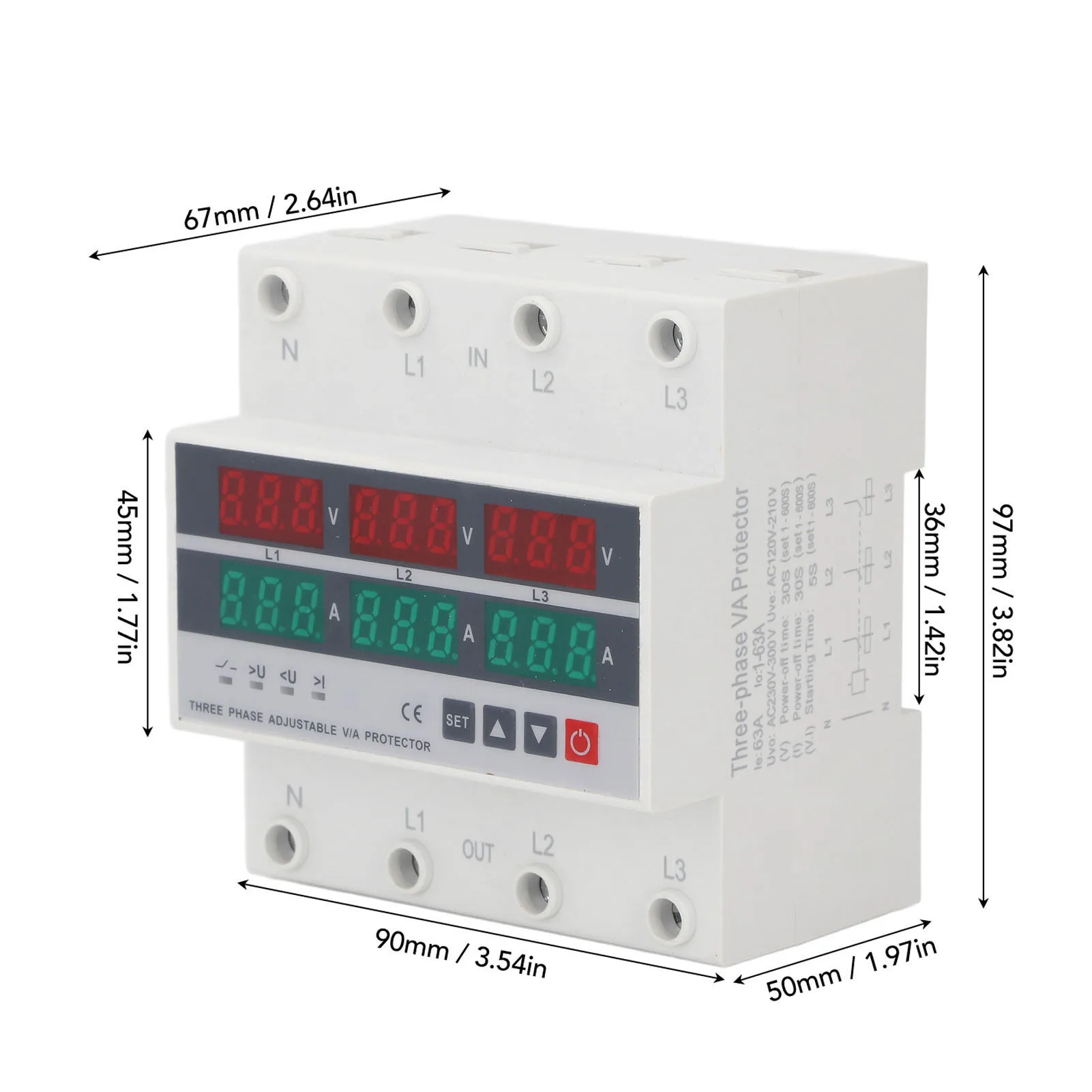 3 Phase Over Current Protector Over Under Voltage Protector 3 Phase DIN Rail Automatic Over Current Protector AC120‑300V 63A