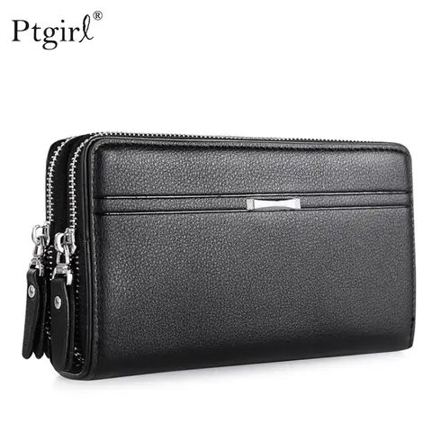 Genuine Leather Long Clutch Wallets for Men Vintage Card Holder Coin Purses Money Clips Phone Pocket Male Name Engrave Wallet